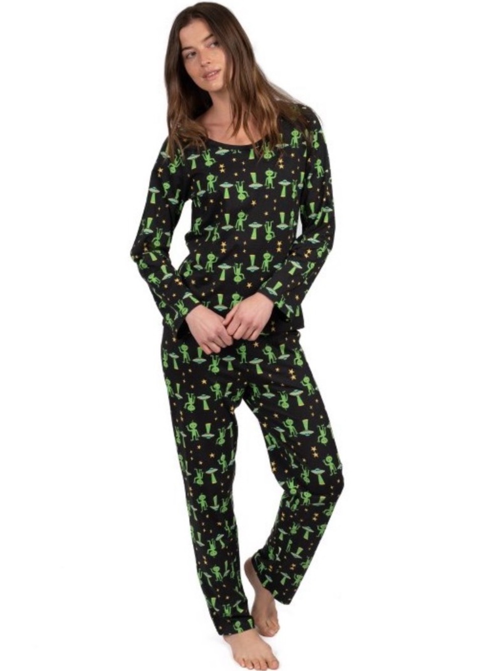 Women's Black Alien Print 100% Cotton Long Sleeve Pajama Set